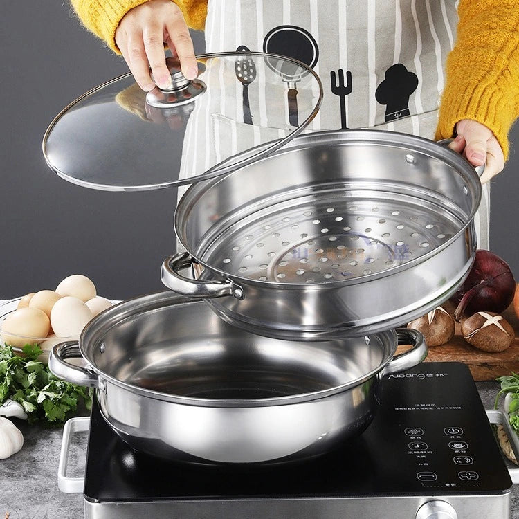Olla Vaporera en Acero Inoxidable 32 cm con Tapa de Vidrio